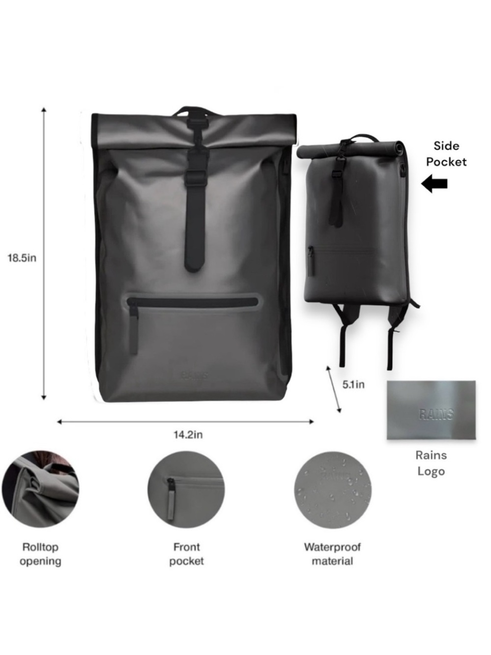 NWT RAINS Rolltop Rucksack Waterproof 16" Laptop Backpack Metallic Gray Black W3